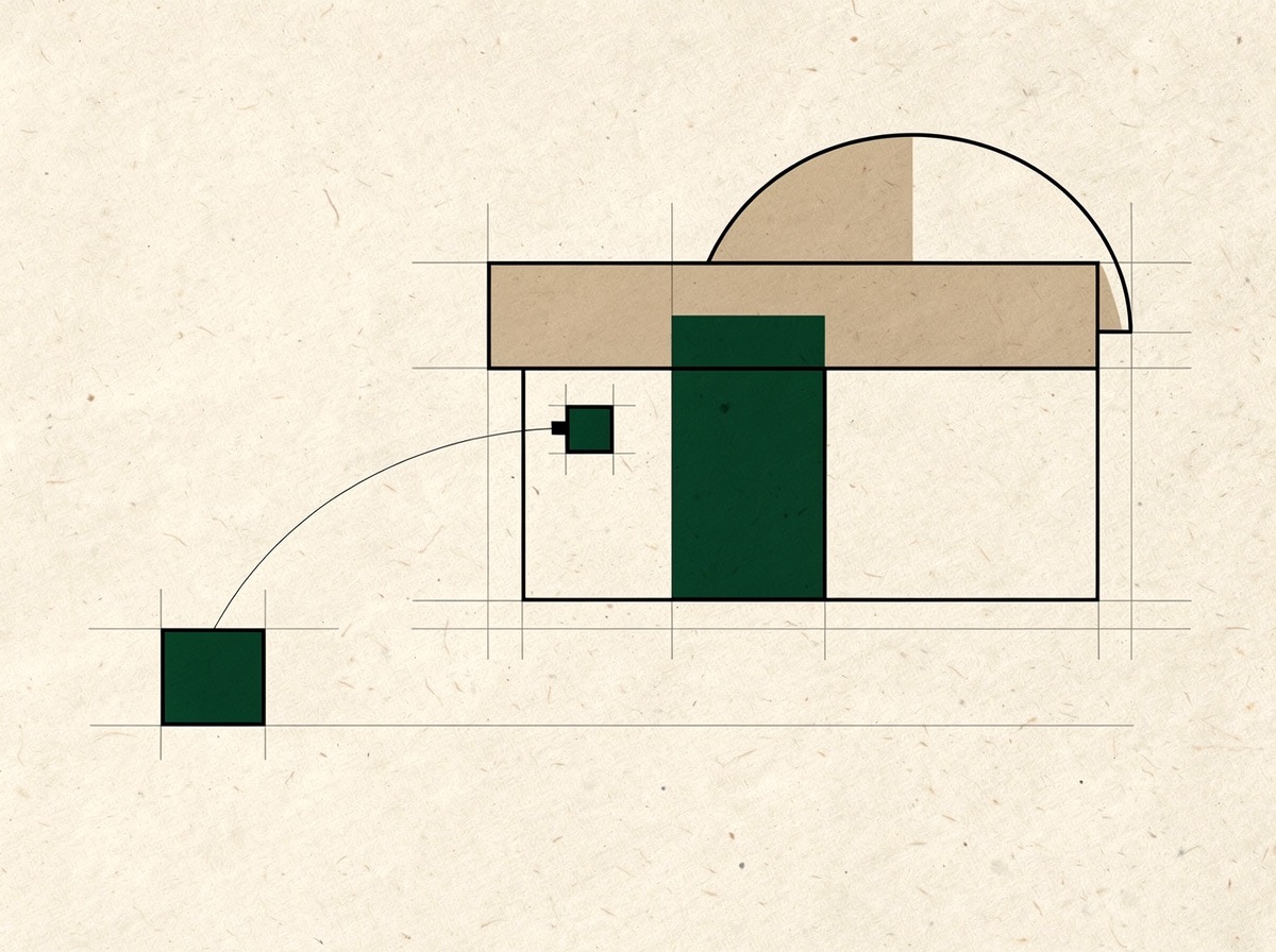 Flat geometric illustration of a small forest-green square plugging into a large storefront façade, joined by a thin curved construction line, a quarter-circle arc rising behind