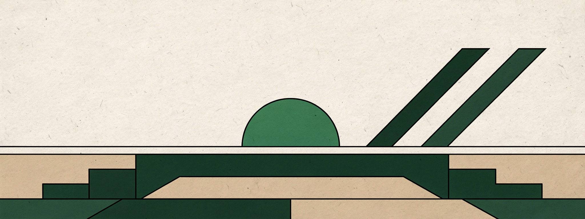 Flat geometric illustration of a forest-green sun rising over a thin horizon rule, stepped tiers receding to the edges and two diagonal double-slash bars in the sky