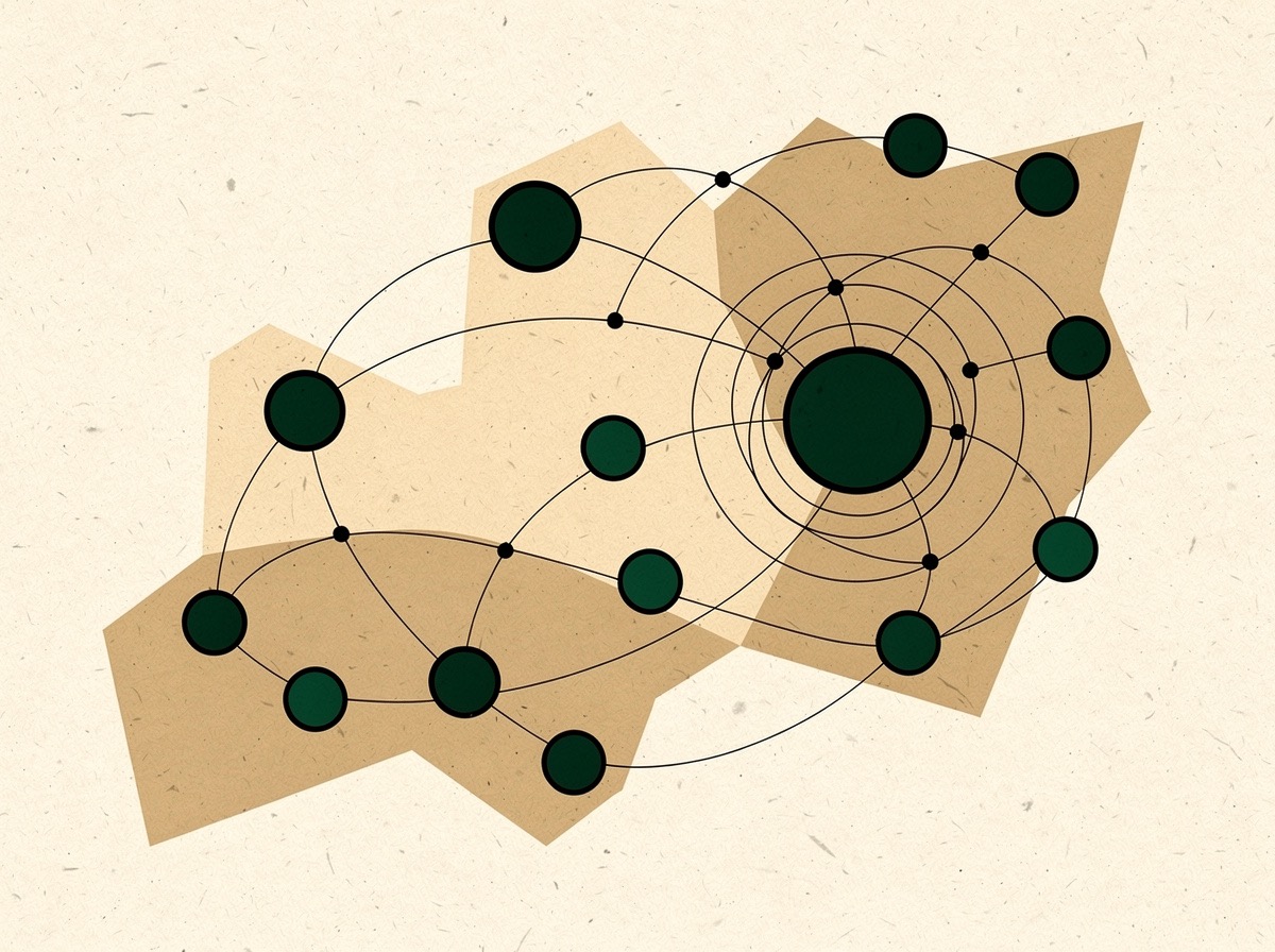 Flat geometric illustration of an abstract visitor map: a flat landmass with scattered forest-green visitor dots joined by hairline arcs