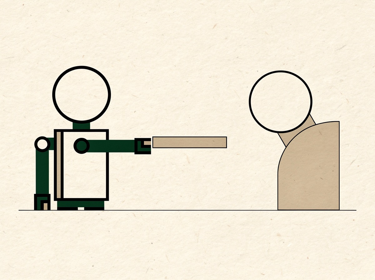 Flat geometric illustration of a handoff: a circle-and-rectangle robot form passing a baton rectangle to an abstract human figure
